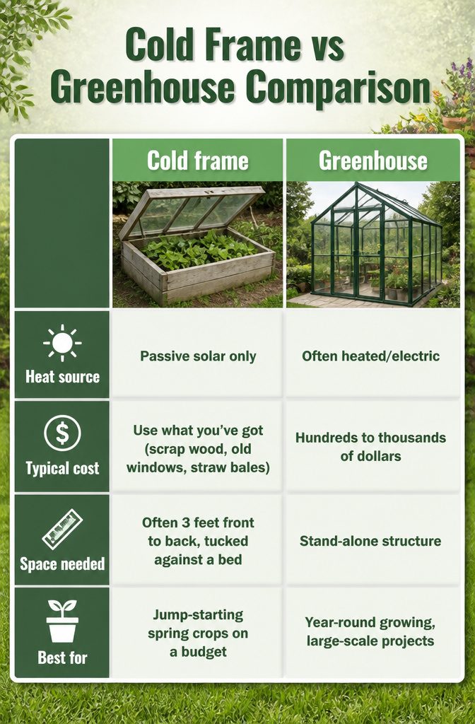 Infographic comparing cold frames and greenhouses.