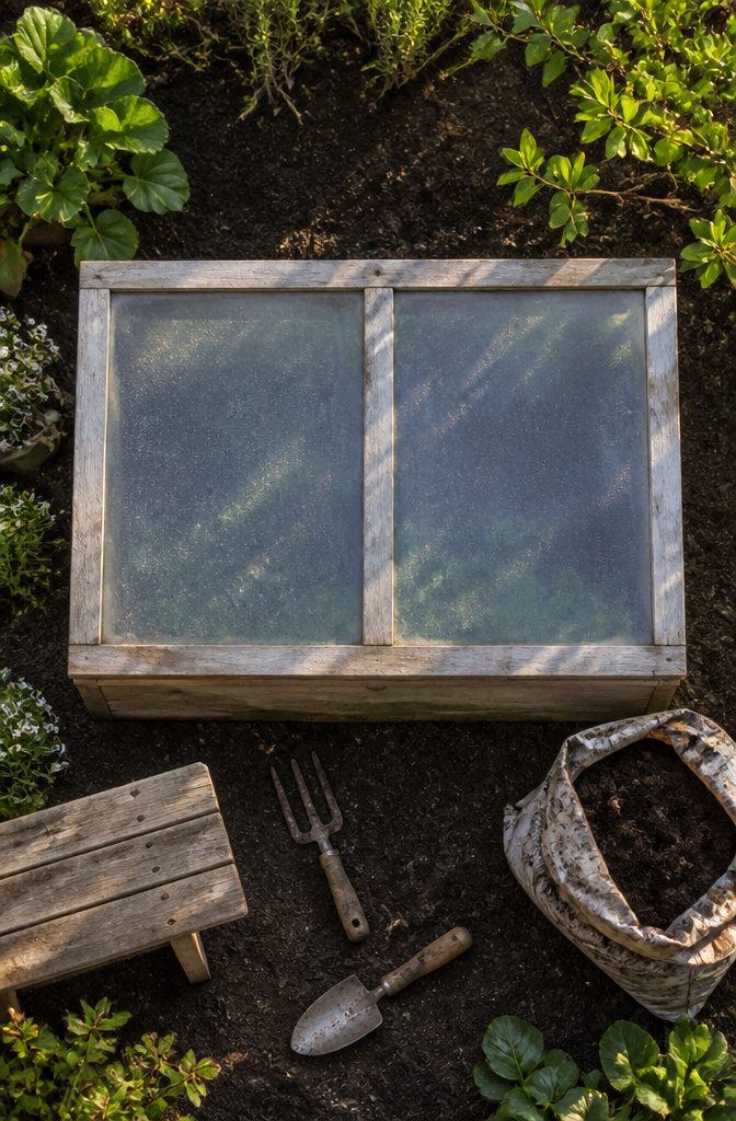 Cold frame sitting on soil, with compost visible nearby.
