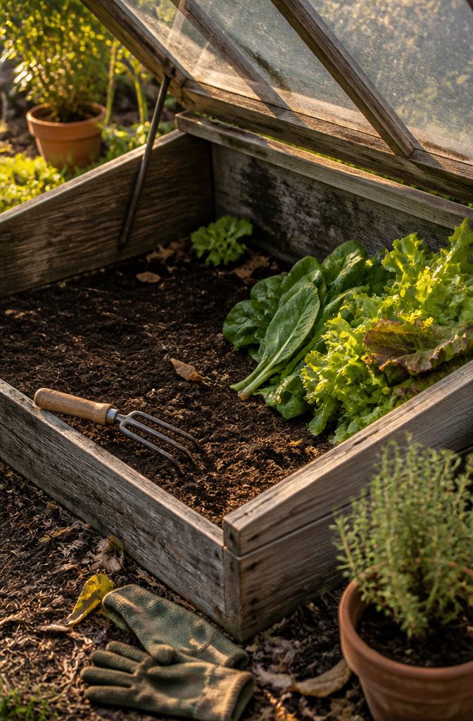 Cut spinach and lettuce inside a cold frame with compost nearby.