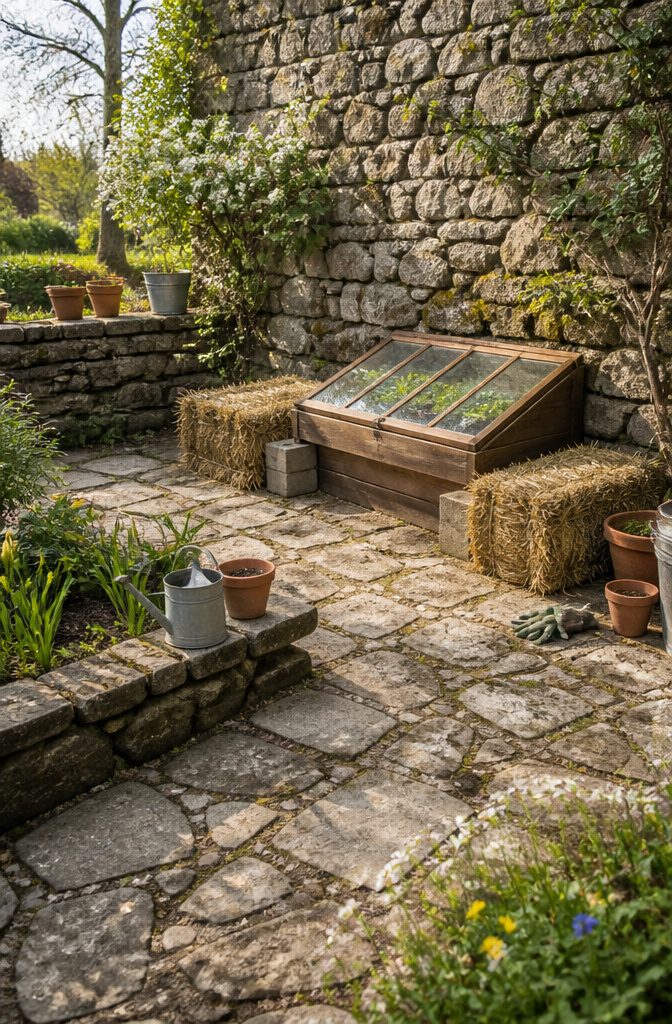 Cold frame angled towards the sun, with a backdrop of a garden.