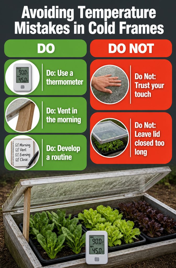 Thermometer readings illustrating temperature issues in a cold frame.