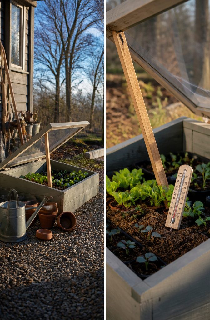 Min-max thermometer placed inside a cold frame structure.