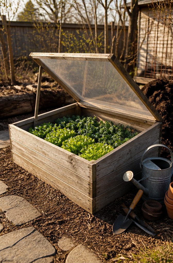 A cold frame with a clear lid showing green lettuce and kale inside.