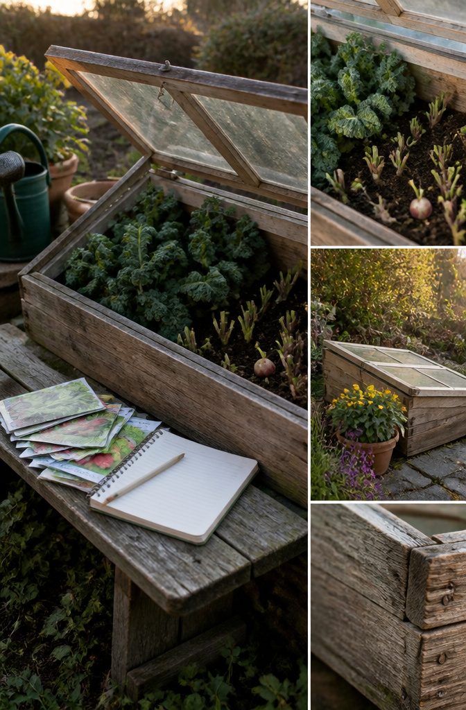 View inside a cold frame showing spinach and kale plants.