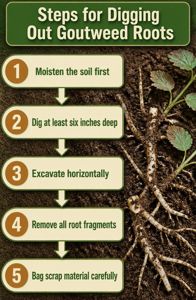 Information image showing steps for digging out goutweed roots.