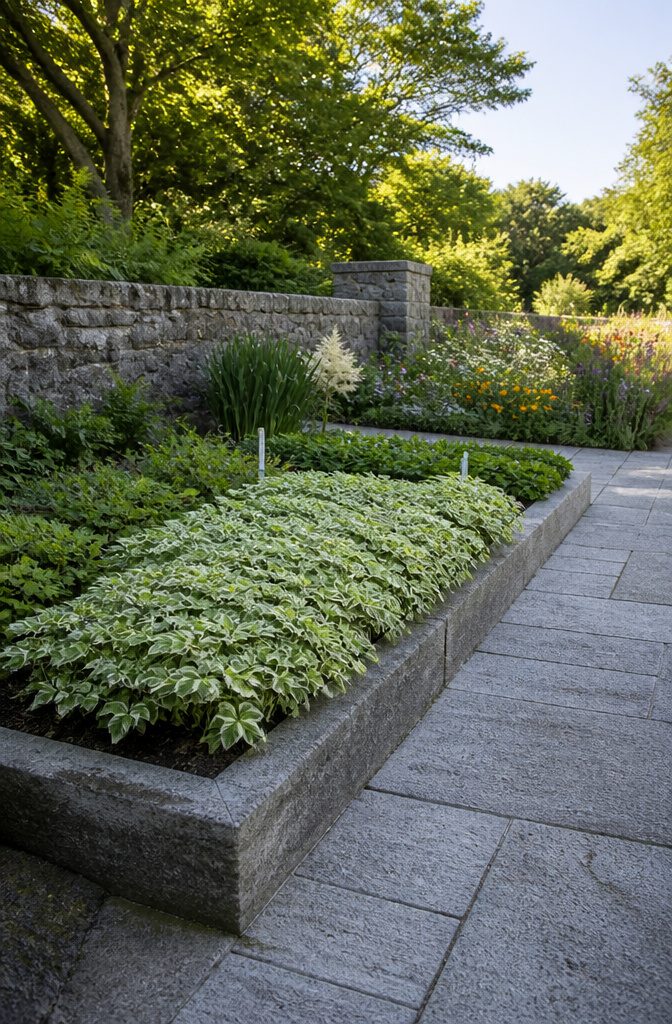 Variegated form of goutweed in a controlled garden setting.