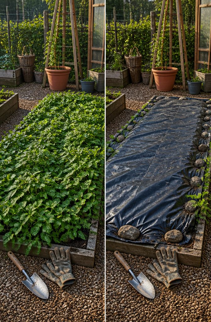 Black plastic covering a goutweed patch in a garden.