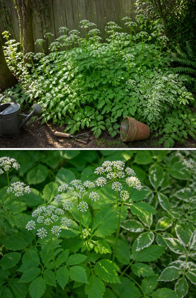 Goutweed plant with three-part leaves and flowering stems.