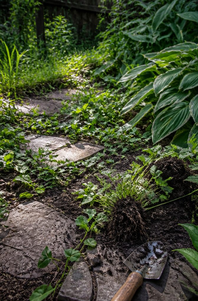 Garden bed with goutweed growing among stepping stones.