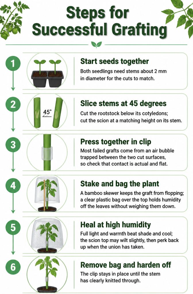 Grafted Tomatoes: Varieties, Rootstocks and What to Know for 2026 16 An infographic detailing the grafting process for tomatoes.