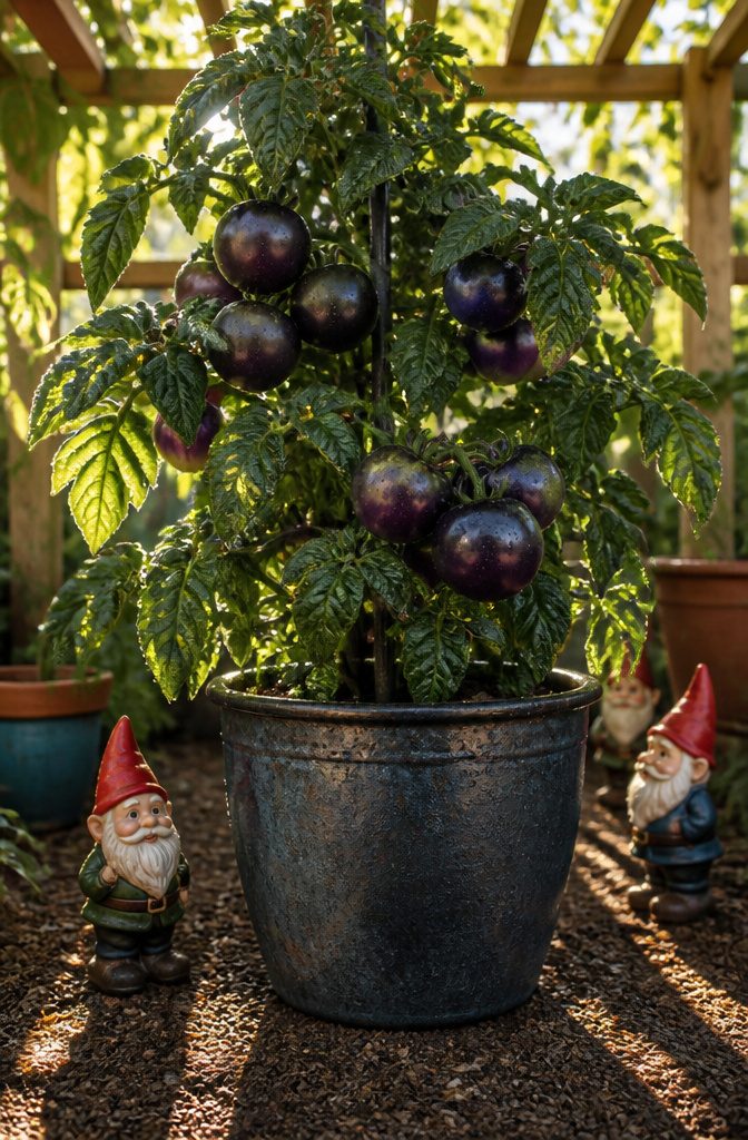 Grafted Tomatoes: Varieties, Rootstocks and What to Know for 2026 5 Several Indigo Rose tomatoes hanging on a plant.