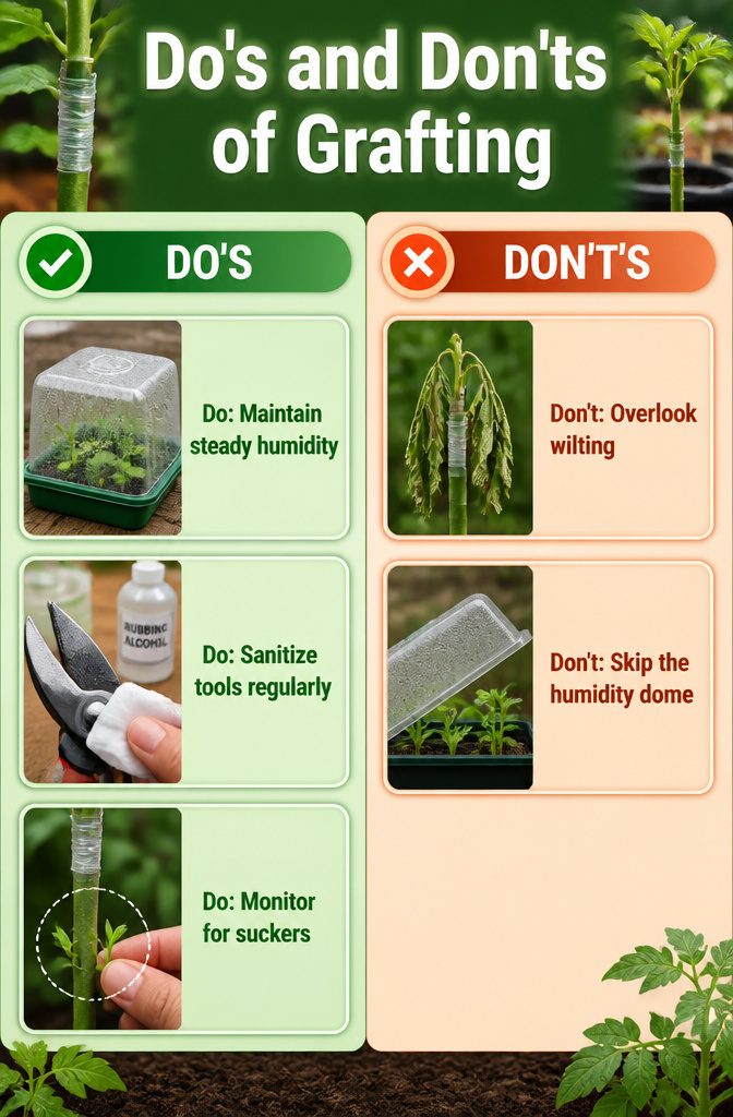 Grafted Tomatoes: Varieties, Rootstocks and What to Know for 2026 19 A guide illustrating do's and don'ts of grafting.