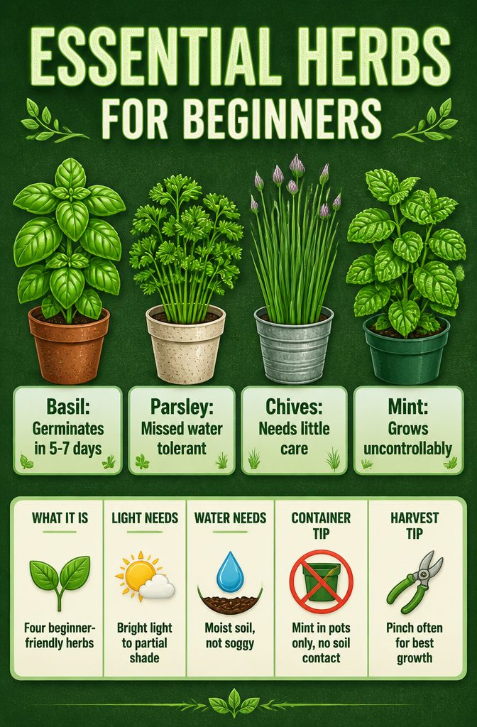 How to Grow a Culinary Herb Garden: A 7-Step Guide (2026) 8 Four essential herbs for beginners in a garden setting.