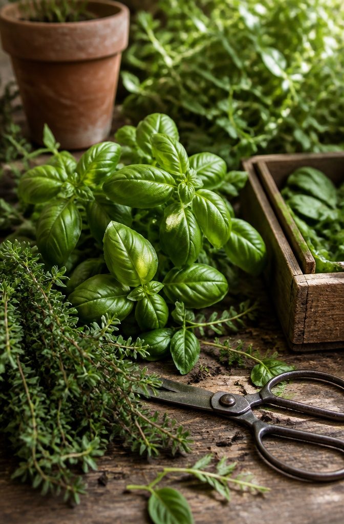 How to Grow a Culinary Herb Garden: A 7-Step Guide (2026) 6 Fresh basil leaves being snipped for harvesting.