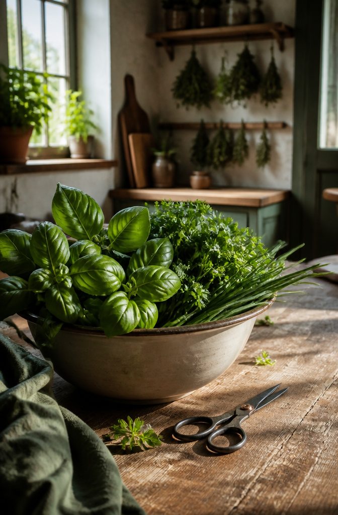 How to Grow a Culinary Herb Garden: A 7-Step Guide (2026) 11 Fresh herbs arranged in a bowl with scissors for harvesting.