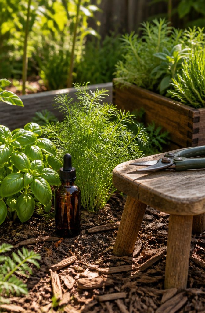 How to Grow a Culinary Herb Garden: A 7-Step Guide (2026) 7 Healthy herbs with neem oil and gardening tools nearby.
