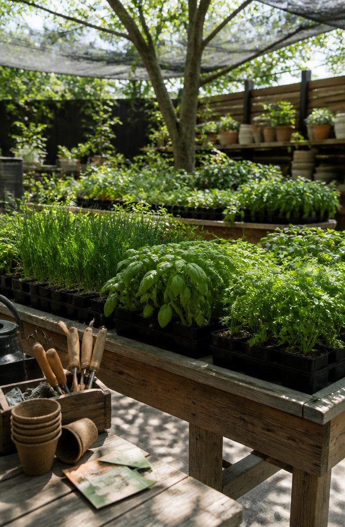 How to Grow a Culinary Herb Garden: A 7-Step Guide (2026) 2 Various herb plants displayed in nursery trays with green leaves.