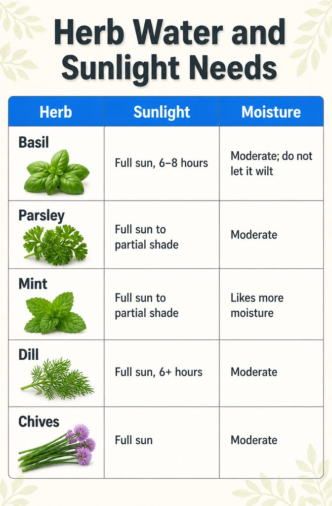 How to Grow a Culinary Herb Garden: A 7-Step Guide (2026) 9 Table showing sunlight and moisture needs for various herbs.