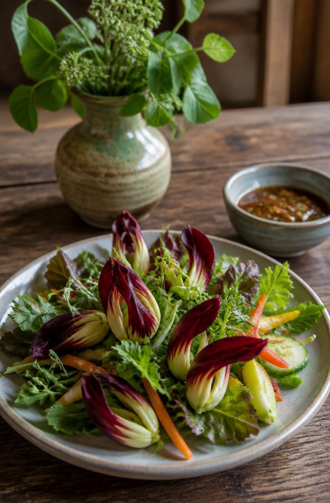 Growing American Groundnuts: Planting, Care and Harvest 8 Plated dish featuring fresh American groundnut flowers and vegetables.