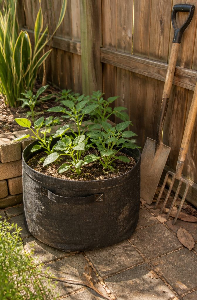 Growing American Groundnuts: Planting, Care and Harvest 5 Grow bag containing American groundnuts in a garden corner.