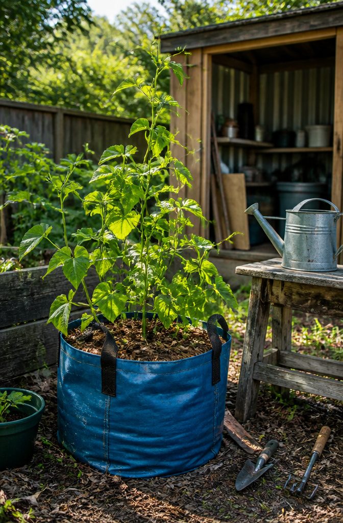 American groundnut plant with green leaves in a blue grow bag.