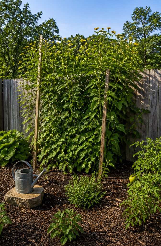 Growing American Groundnuts: Planting, Care and Harvest 4 American groundnut vines climbing tall sunchoke plants in a garden.
