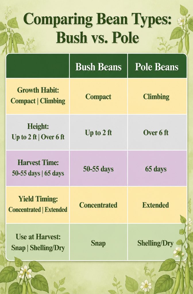 Growing Beans: Timing, Soil & Care Through Harvest (2026) 7 Comparison of bush and pole bean plants in a garden.
