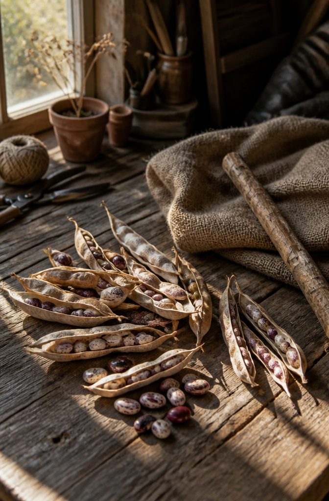 Growing Beans: Timing, Soil & Care Through Harvest (2026) 10 Dry bean pods split open revealing beans on a wooden table.
