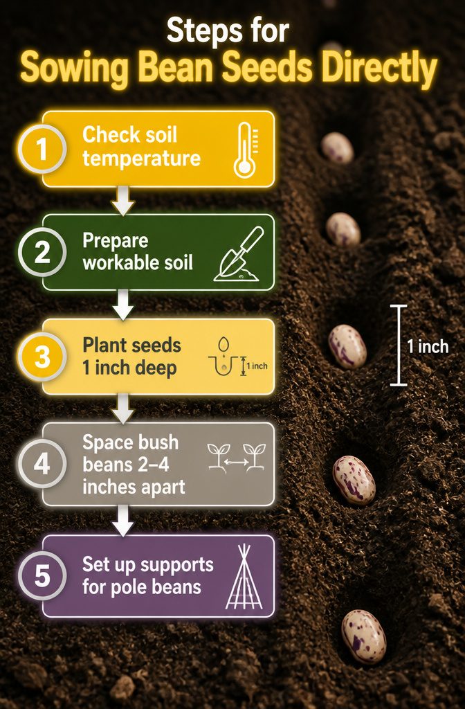 Growing Beans: Timing, Soil & Care Through Harvest (2026) 3 Steps for sowing bean seeds directly in soil.