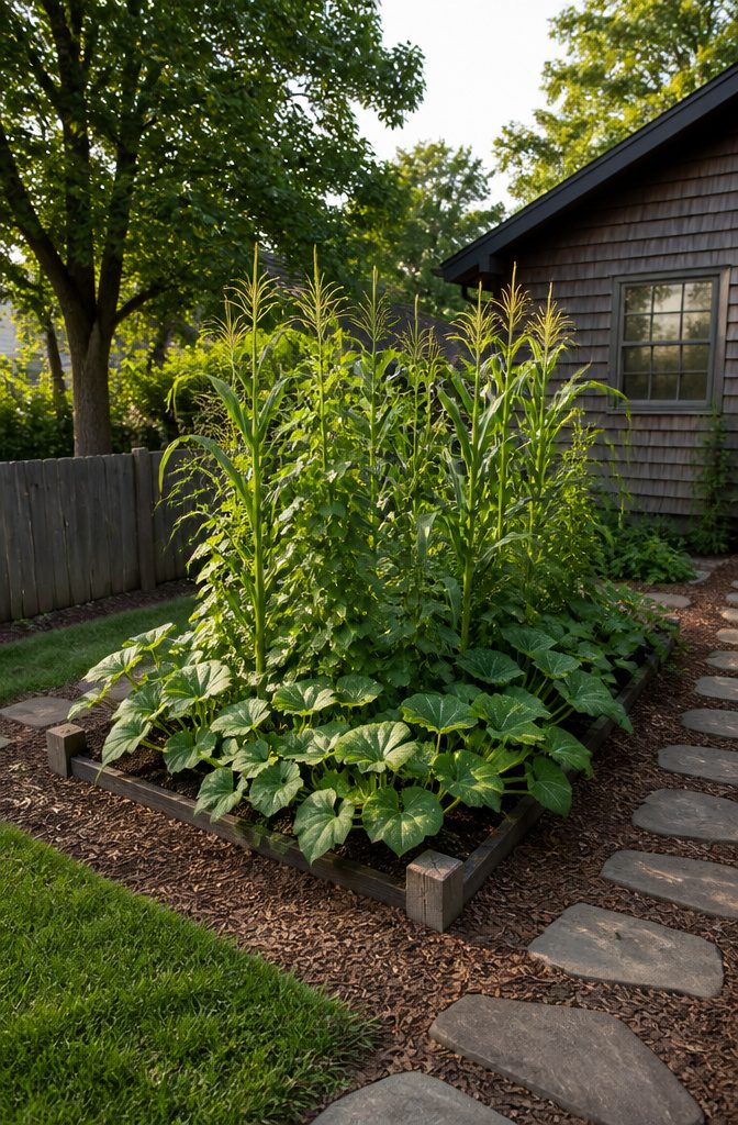 Growing Beans: Timing, Soil & Care Through Harvest (2026) 9 Beans growing alongside corn and squash in a garden.