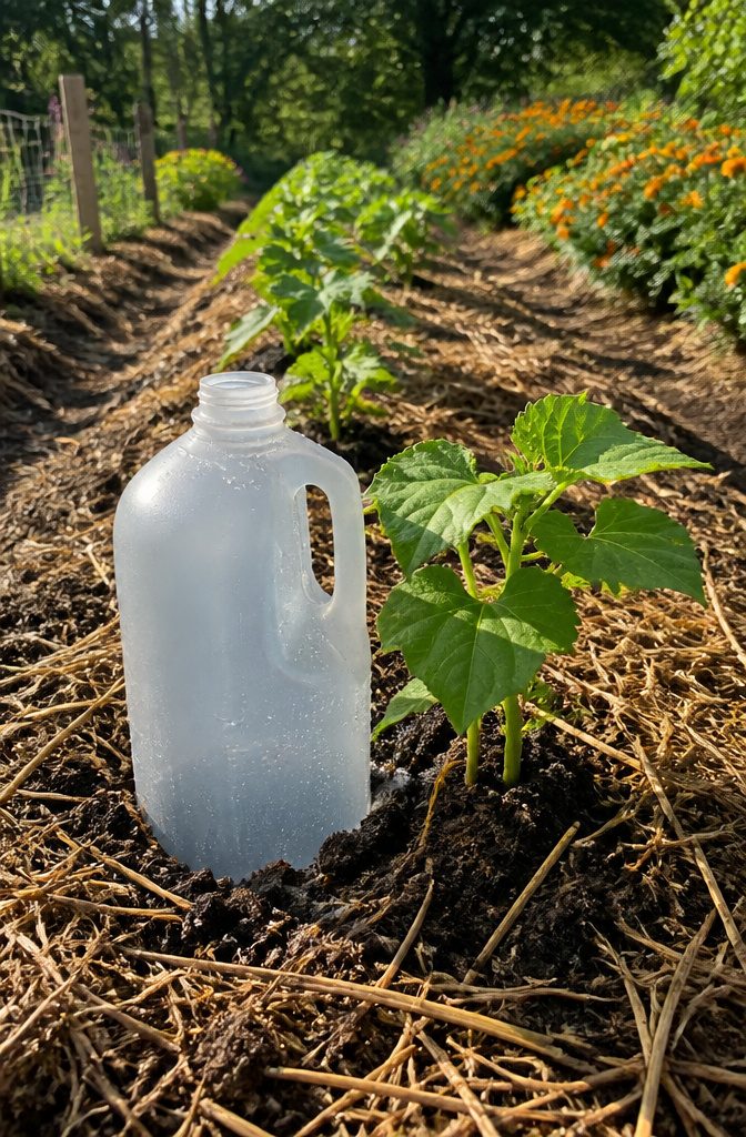 Growing Beans: Timing, Soil & Care Through Harvest (2026) 4 A half-gallon milk jug sunk into soil next to a bean plant.