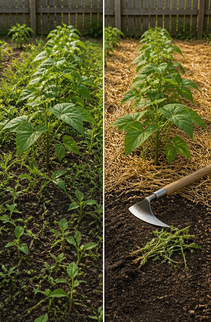 Growing Beans: Timing, Soil & Care Through Harvest (2026) 5 A layer of straw mulch surrounds young bean plants.