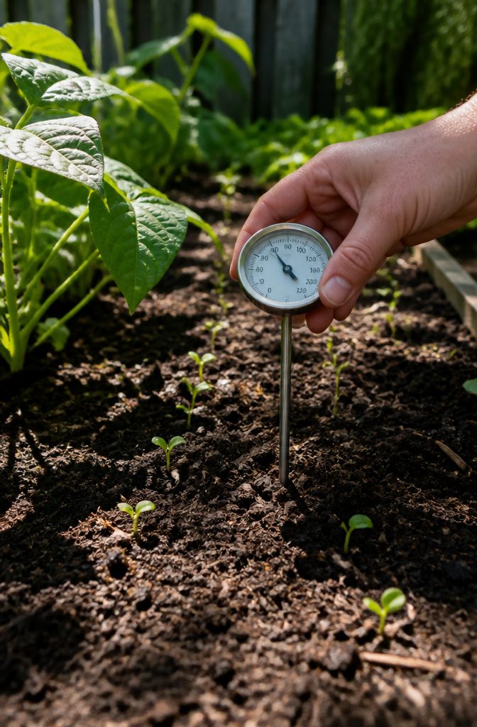 Growing Beans: Timing, Soil & Care Through Harvest (2026) 1 A hand holds a soil thermometer in dark brown soil.