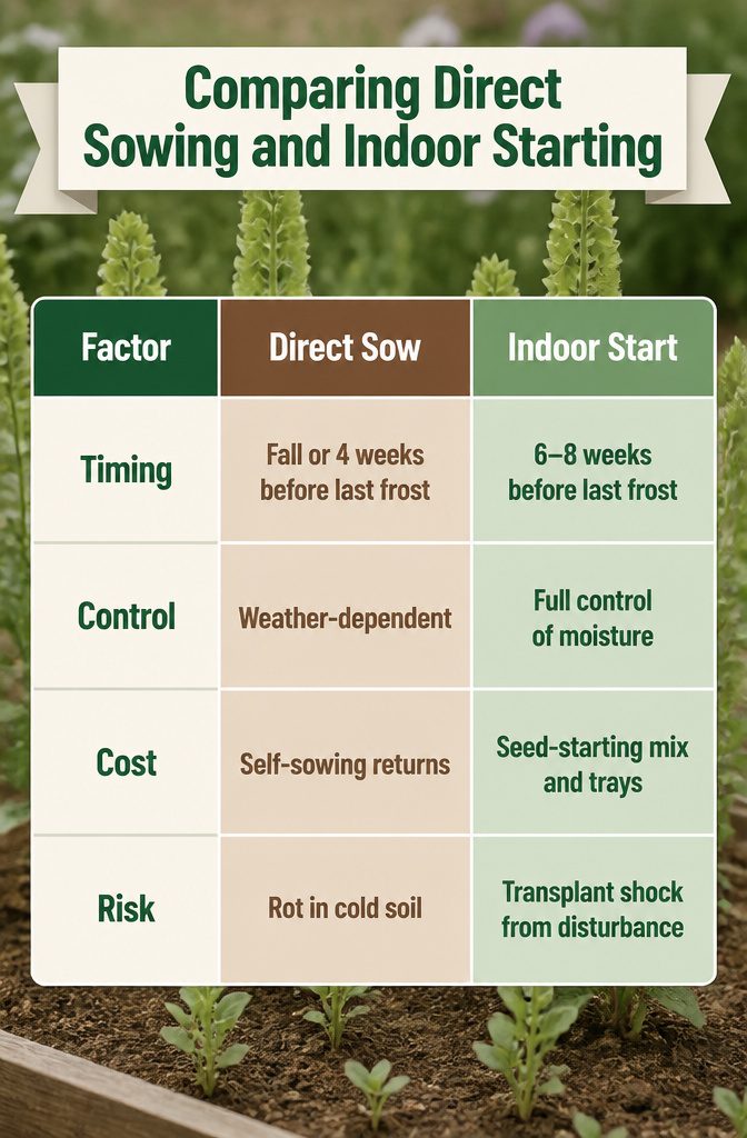 How to Grow Bells of Ireland From Seed: 6 Steps for 2026 10 A chart comparing direct sowing and indoor starting methods.