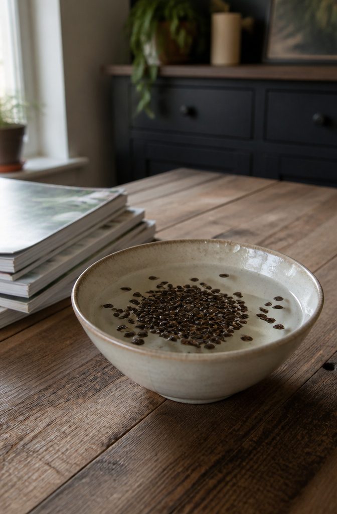 How to Grow Bells of Ireland From Seed: 6 Steps for 2026 2 A bowl of water with dark Bells of Ireland seeds floating.