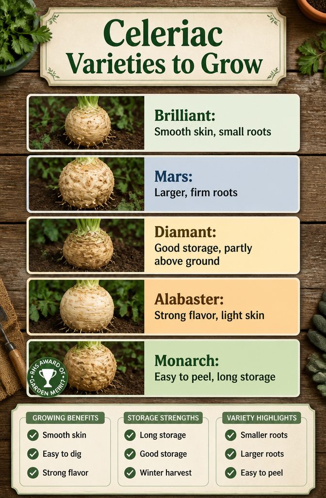 Information image listing various celeriac varieties to grow.