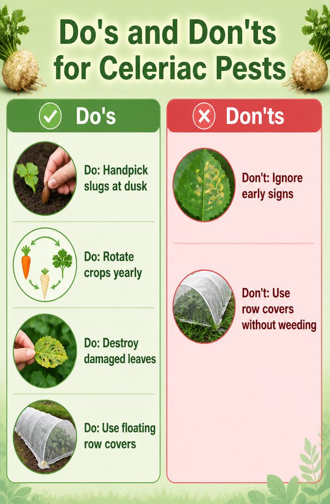 Information image detailing do's and don'ts for celeriac pests.