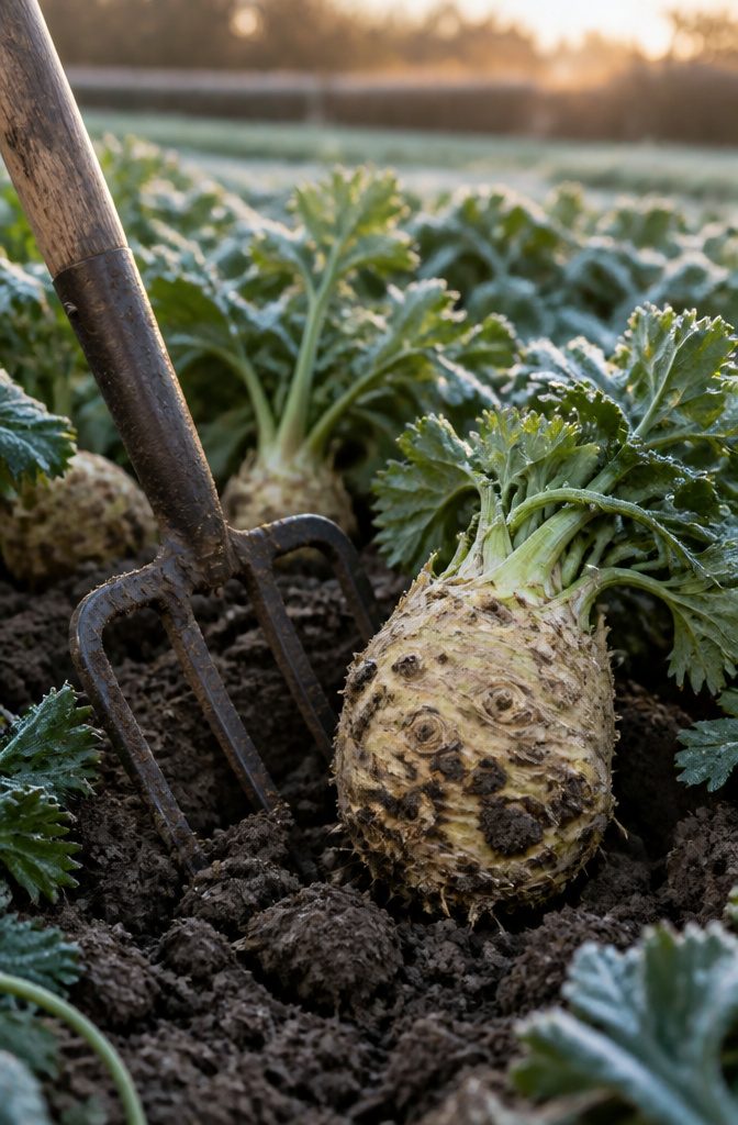 Close-up of a knobby celeriac bulb being harvested from soil.