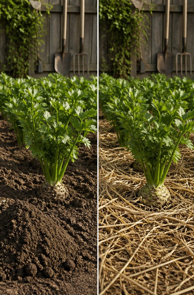 Image of celeriac plants with straw mulch and hilled soil.