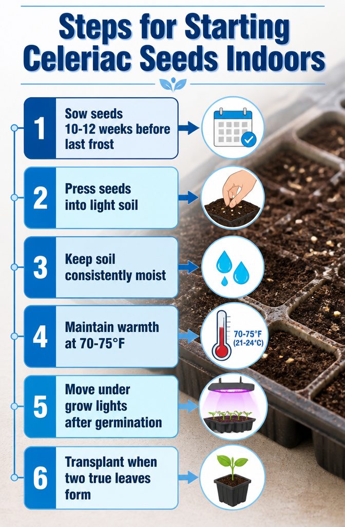 Information image detailing steps for starting celeriac seeds indoors.