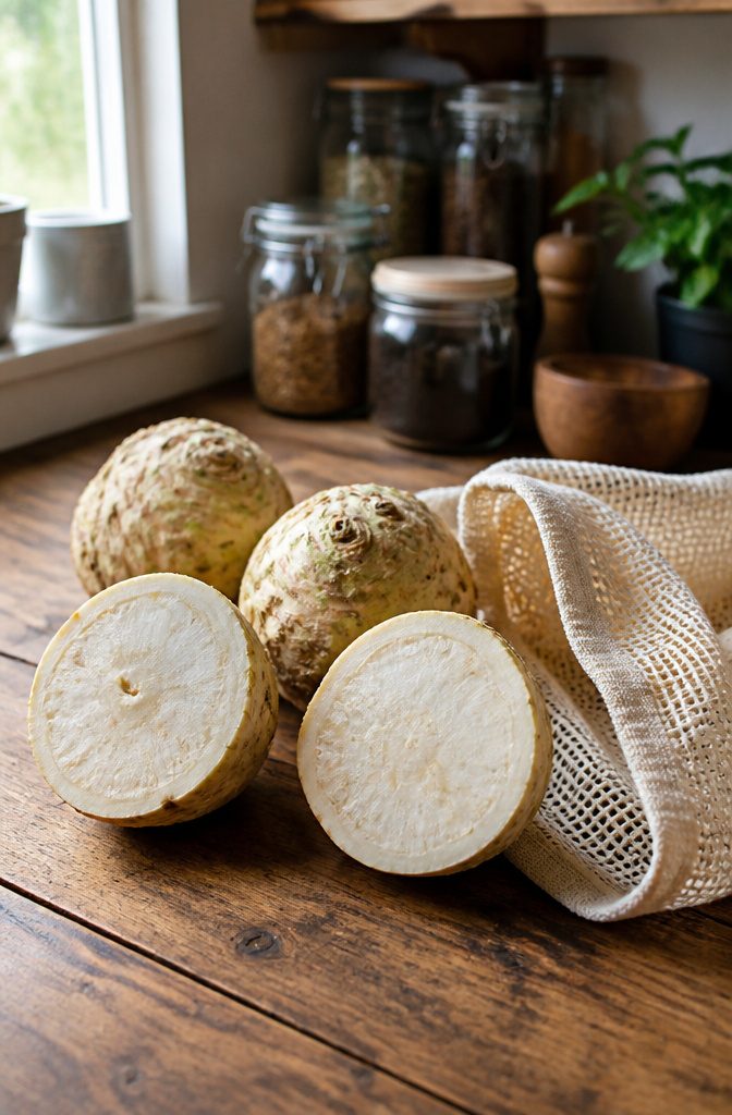 Freshly harvested celeriac roots arranged on a wooden kitchen table.