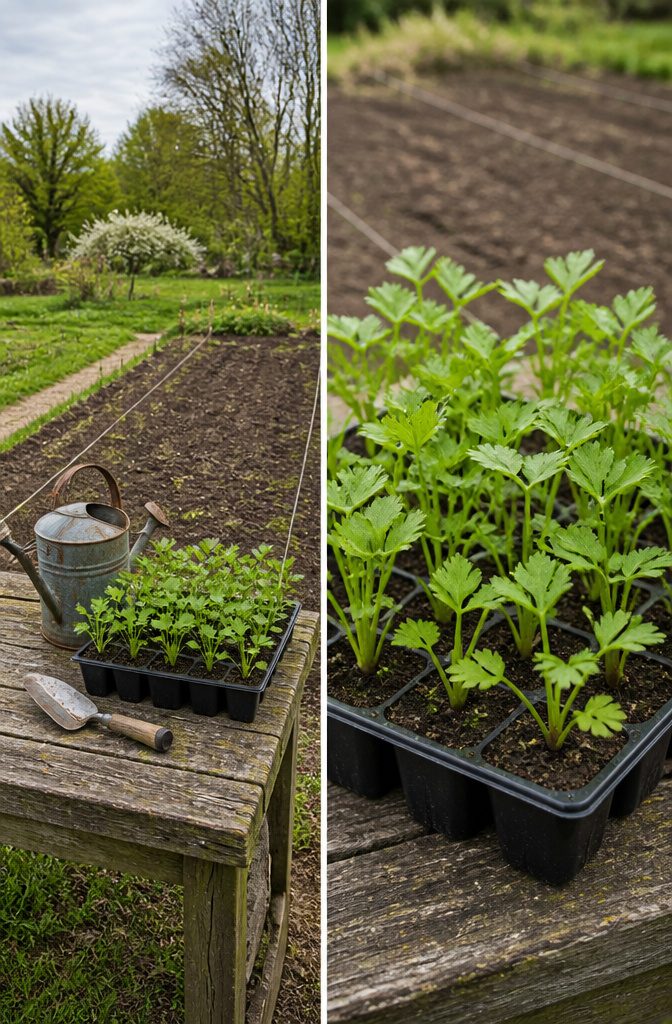 Photograph illustrating the process of transplanting celeriac seedlings.