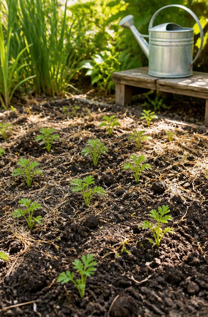 Close-up of celeriac seedlings in soil, with a watering can nearby.
