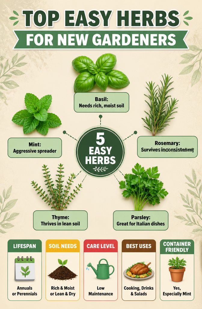 21 Herb Garden Ideas for Raised Beds, Containers & Small Spaces (2026) 22 A selection of beginner-friendly herbs for gardening.