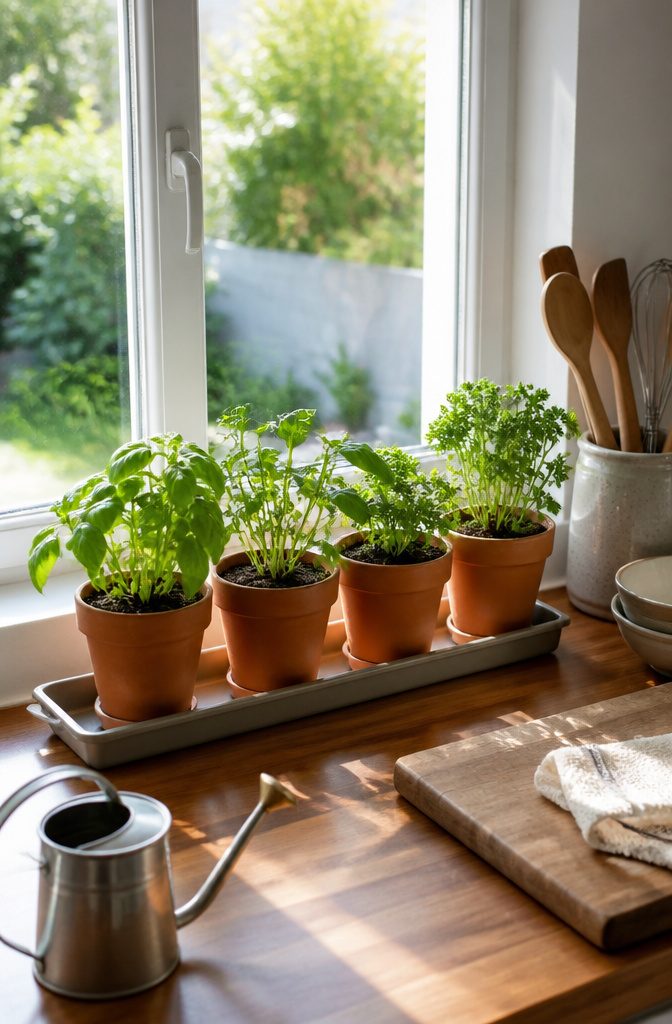 21 Herb Garden Ideas for Raised Beds, Containers & Small Spaces (2026) 18 Indoor pots of herbs like basil and parsley on a windowsill.