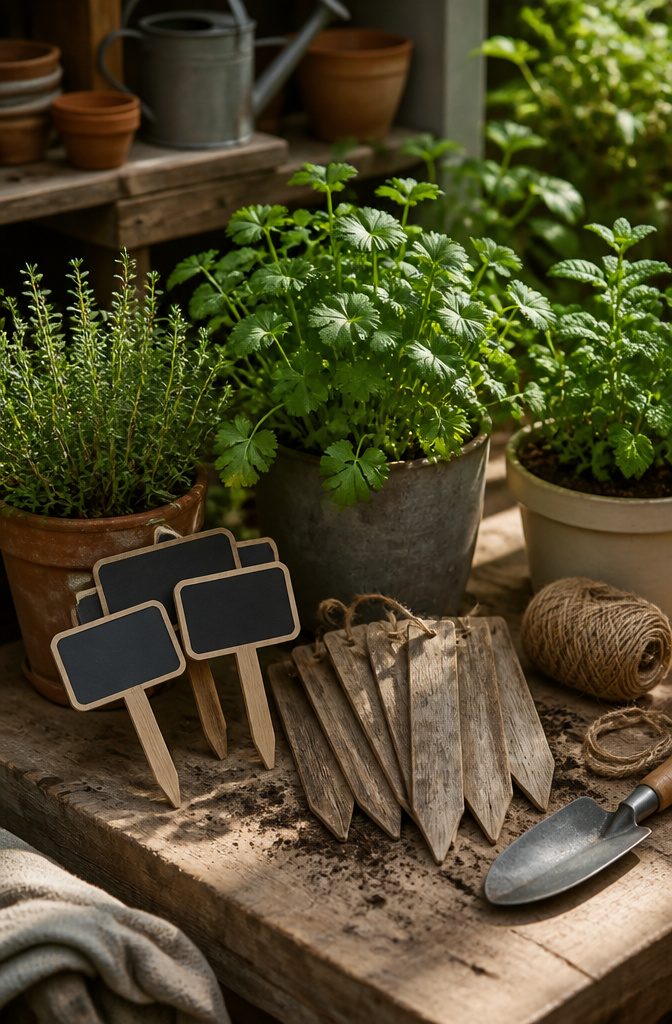 21 Herb Garden Ideas for Raised Beds, Containers & Small Spaces (2026) 21 Labels made from wood and chalkboard beside potted herbs.
