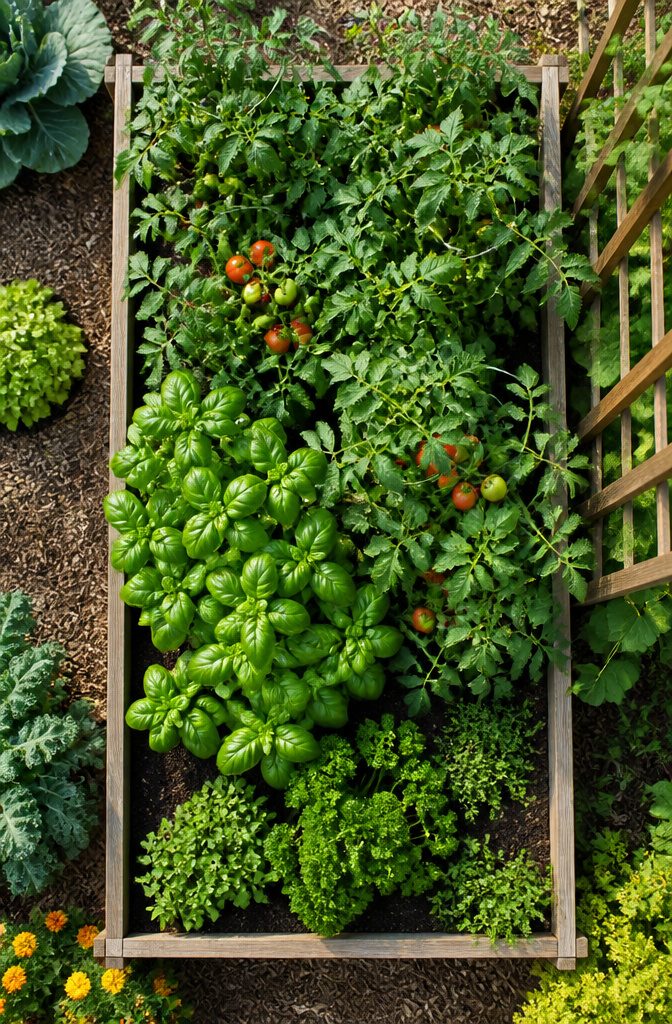 21 Herb Garden Ideas for Raised Beds, Containers & Small Spaces (2026) 17 Basil plants interspersed among tomato plants in a garden bed.