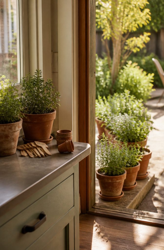 21 Herb Garden Ideas for Raised Beds, Containers & Small Spaces (2026) 16 Terracotta pots filled with herbs on a kitchen windowsill and patio step.