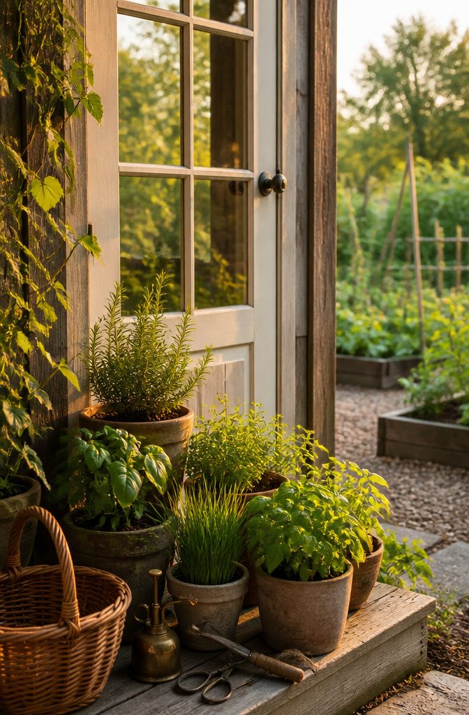 21 Herb Garden Ideas for Raised Beds, Containers & Small Spaces (2026) 12 Potted herbs like basil and chives near a kitchen door.