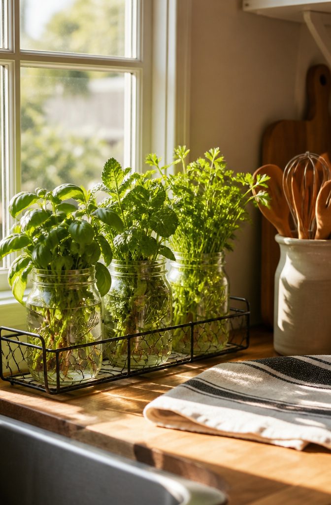 21 Herb Garden Ideas for Raised Beds, Containers & Small Spaces (2026) 20 Mason jars filled with herbs like basil, mint, and parsley.